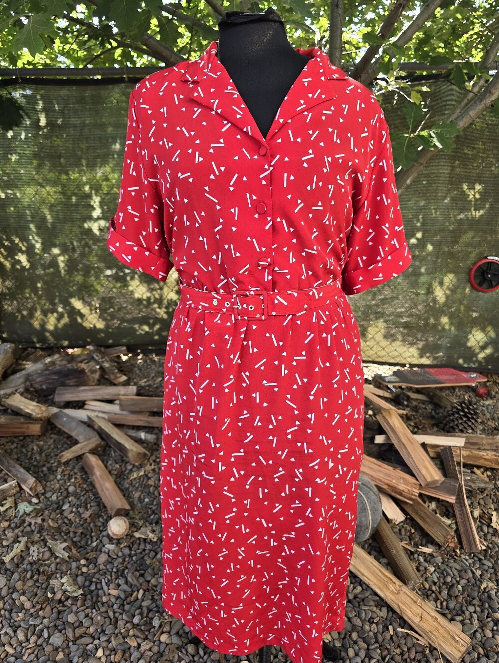 Vtg 80's Red White Midi Dress Confetti Secretary Rockabilly Retro Mod